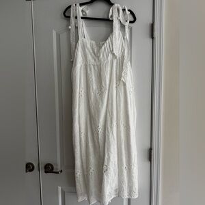 FARM Rio White Eyelet Tie‑Strap Midi Dress